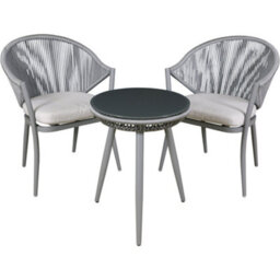 Loops 3Pc Garden Bistro Set - Aluminium & Rope - Outdoor Dining Chair Round Table Grey - thumbnail 1