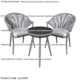 Loops 3Pc Garden Bistro Set - Aluminium & Rope - Outdoor Dining Chair Round Table Grey - thumbnail 2