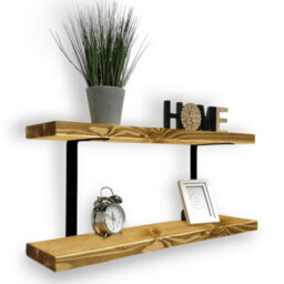 MKGT 80Cm Double Rustic Wooden Shelves Wall-Mounted Shelf With Seated Black L Brackets (Dark Oak) - thumbnail 1
