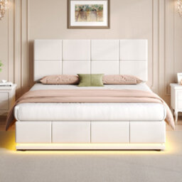 Matteo Cream White 4Ft6 Double Ottoman Bed Frame With Rgb Led Lighting, Faux Leather Upholstery & Hydraulic Storage - thumbnail 4