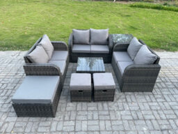 Fimous 9 Seater Outdoor Garden Furniture Sets Wicker Rattan Furniture Sofa Sets With Square Coffee Table 3 Footstools Side Table - thumbnail 1