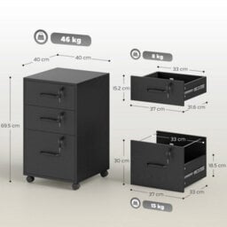 Black Mobile Filing Cabinet With 3 Drawers And Wheels, Under Desk File Cabinet - thumbnail 2