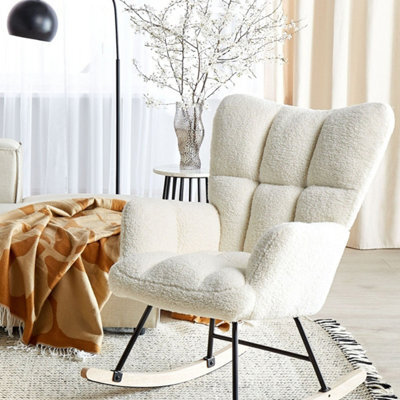 Beliani White Bouclé Rocking Armchair - Biscuit Tufted, Wood Legs, 71 X 83 X 104 Cm - image 1