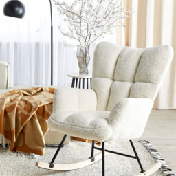 Beliani White Bouclé Rocking Armchair - Biscuit Tufted, Wood Legs, 71 X 83 X 104 Cm - thumbnail 1