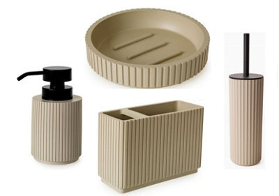 Textured 4 Pcs Dish, Toothbrush , Dispenser Toilet Brush Holder Set - Almond - image 1