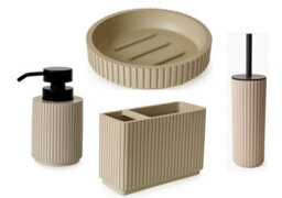 Textured 4 Pcs Dish, Toothbrush , Dispenser Toilet Brush Holder Set - Almond - thumbnail 1