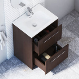 Royal Bathrooms Livora 600mm Walnut Woodgrain Floor Standing Bathroom Vanity Unit 2 Storage Cabinet Drawer With Ceramic Basin - thumbnail 4