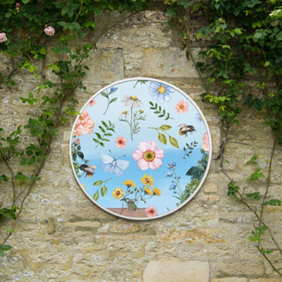 Mirroroutlet The Typis White Metal Edged Circular Wall Mirror With Colour Flower Decals 80Cm - image 1