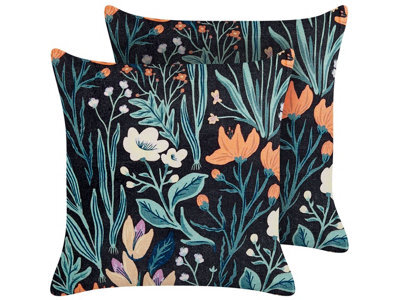 Beliani Set Of 2 Decorative Cushions Osmunda Velvet 45 X 45 Cm Black Floral Pattern - image 1