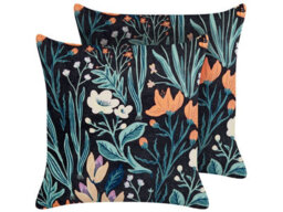 Beliani Set Of 2 Decorative Cushions Osmunda Velvet 45 X 45 Cm Black Floral Pattern
