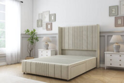 "Sloomy Hargrave Cream Plush Divan Bed Base No Drawers-54"" Wingback Headboard & 12"" Footboard 6' Super King"