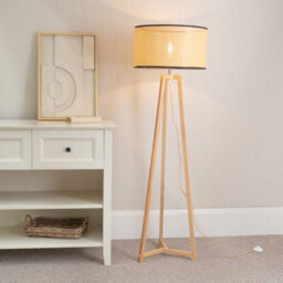 Valuelights Lottie Natural Wood Tripod Floor Lamp With Natural Woven Rattan Shade - Led Bulb Included
