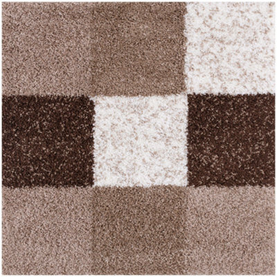The Rugs Brown And Ivory Soft Checkerboard Design Fluffy Shaggy Rugs And Runners High Pile Living Room Kitchen Hallway 381 - image 1