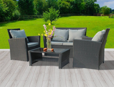 Birchtree Rattan Garden Furniture Set Sofa Armchair Glass Coffee Table 4 Seater Cushion Outdoor Patio Conservatory Rfs02 Black - image 1