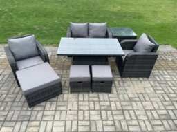Fimous Rattan Furniture Garden Dining Set Outdoor Height Adjustable Rising Lifting Table Love Sofa Chair With 3 Stools - thumbnail 2