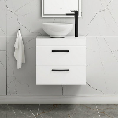 Royal Bathrooms 600mm Wall Hung Vanity Unit 2 Drawer Gloss White & Breeze Countertop Basin With Matt Black Handle - image 1