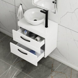 Royal Bathrooms 600mm Wall Hung Vanity Unit 2 Drawer Gloss White & Breeze Countertop Basin With Matt Black Handle - thumbnail 3