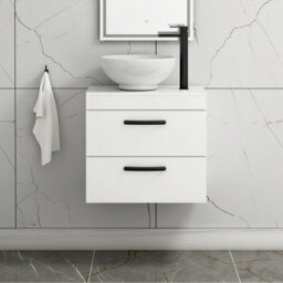 Royal Bathrooms 600mm Wall Hung Vanity Unit 2 Drawer Gloss White & Breeze Countertop Basin With Matt Black Handle - thumbnail 1