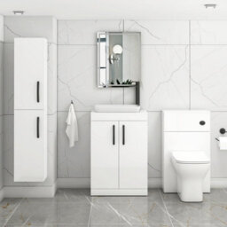 Royal Bathrooms Turin 600mm Freestanding Bathroom Vanity Unit With Sink 2 Door Gloss White & Qubix Countertop Basin - thumbnail 3