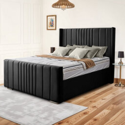 UKBEDFURNITURE Balmoral Wingback Black Plush Valvet Upholstered Bed Frame - Blackboard With 10 Inch Orthopedic Mattress - 48 Inch Headboard - thumbnail 1