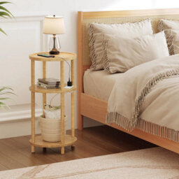Round Side Table With Charging Station 3Tier Bamboo Sofa Table Bedside Table - thumbnail 1
