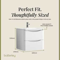 Balterley Dunwood Contemporary Bathroom Wall Hung 2 Drawer Vanity & Polymarble Basin, Satin White, 600mm - thumbnail 5