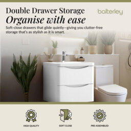 Balterley Dunwood Contemporary Bathroom Wall Hung 2 Drawer Vanity & Polymarble Basin, Satin White, 600mm - thumbnail 2