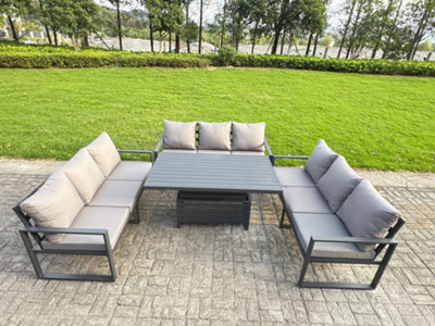 Fimous U-Shaped Garden Furniture Set 9-Seater Aluminium With Adjustable Rising Lifting Dining Table Dark Grey - image 1