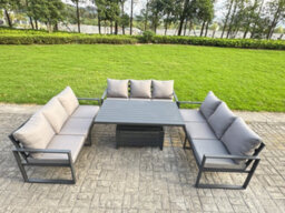 Fimous U-Shaped Garden Furniture Set 9-Seater Aluminium With Adjustable Rising Lifting Dining Table Dark Grey - thumbnail 1