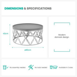 Livivo Round Coffee Table Silver Damask Frame Living Room Furniture - thumbnail 7