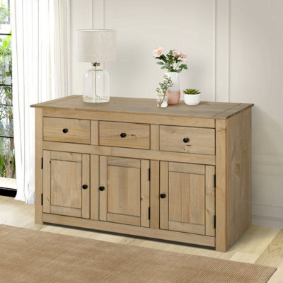 Mews Panama Sideboard 3 Door 3 Drawer Solid Pine Wood Waxed Oak Finish - image 1