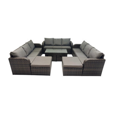 Fimous Rattan Garden Outdoor Furniture Set 3 Seater Sofa Coffee Table With 4 Footstools Dark Grey Mixed - image 1
