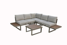 Beige 5 Seater Aluminium Metal Sofa Set/ Loungers With Brown Pollywood Coffee Table Multi Use Modular With Beige Cushions - thumbnail 3