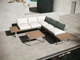 Beige 5 Seater Aluminium Metal Sofa Set/ Loungers With Brown Pollywood Coffee Table Multi Use Modular With Beige Cushions - thumbnail 1