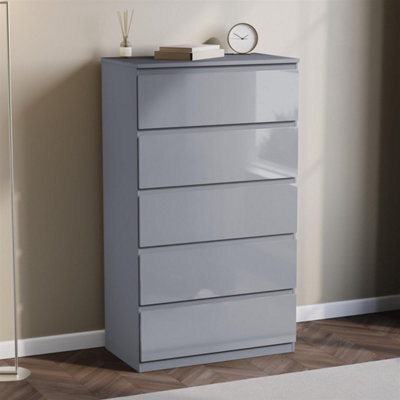 Grey Modern Gloss 5 Drawer Chest Of Drawers Storage Tall Cabinet Bedroom Furniture - image 1