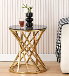 Comfy Living Round Geometric Design Gold Metal Side Table With Tinted Glass Tempered Top - thumbnail 3