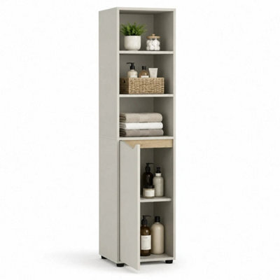 Beige & Oak 140Cm 5 Tier Tall Bathroom Storage Cabinet Cupboard Slim Freestanding Tower Unit - image 1