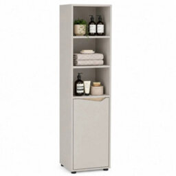 Beige & Oak 140Cm 5 Tier Tall Bathroom Storage Cabinet Cupboard Slim Freestanding Tower Unit - thumbnail 4