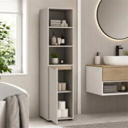 Beige & Oak 140Cm 5 Tier Tall Bathroom Storage Cabinet Cupboard Slim Freestanding Tower Unit - thumbnail 3