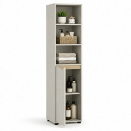 Beige & Oak 140Cm 5 Tier Tall Bathroom Storage Cabinet Cupboard Slim Freestanding Tower Unit - thumbnail 1
