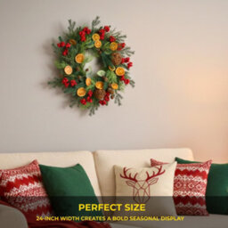 Shatchi 24-Inch Orange & Berry Christmas Wreath - Autumn Floral Door Decoration - thumbnail 2