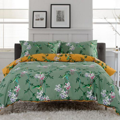 Deyongs Bird Garden Sage & Gold Printed Cotton Rich 200 Thread Count Duvet Set - image 1