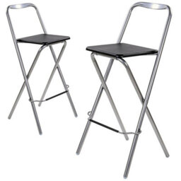 Taylor & Brown 2 X Folding Bar Stool, Wooden Effect Seat With Footrest, Silver Frame, Foldable Kitchen Restaurant Seating, Black - thumbnail 1