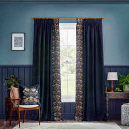Morris & Co Strawberry Thief Embroidery Embroidered Velvet Room Darkening Pencil Pleat Curtain Pair Indigo (W)168Cm X (D)137Cm - thumbnail 2