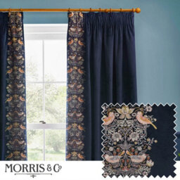 Morris & Co Strawberry Thief Embroidery Embroidered Velvet Room Darkening Pencil Pleat Curtain Pair Indigo (W)168Cm X (D)137Cm