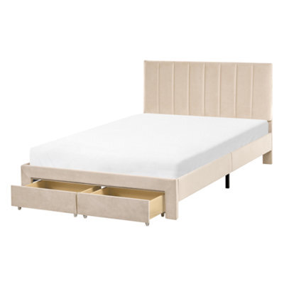 Beliani Bed With Storage Drawers Velvet Lonzac 120 X 200 Cm (Eu Small Double) Beige - image 1