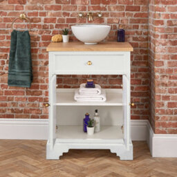 Homestylestore 645mm Antique White And Oak Bathroom Vanity Unit With Round Countertop Basin And Gold Round Handles - thumbnail 4