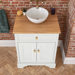 Homestylestore 645mm Antique White And Oak Bathroom Vanity Unit With Round Countertop Basin And Gold Round Handles - thumbnail 2