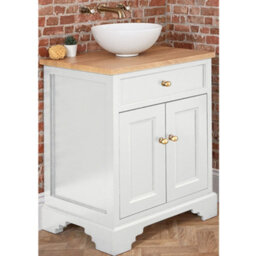 Homestylestore 645mm Antique White And Oak Bathroom Vanity Unit With Round Countertop Basin And Gold Round Handles