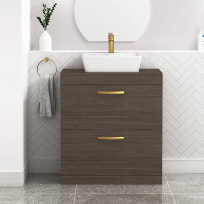 Royal Bathrooms 800mm Floor Standing Vanity Unit 2 Drawer Grey Elm & Countertop Basin - Cube With Brushed Brass Handle - image 1